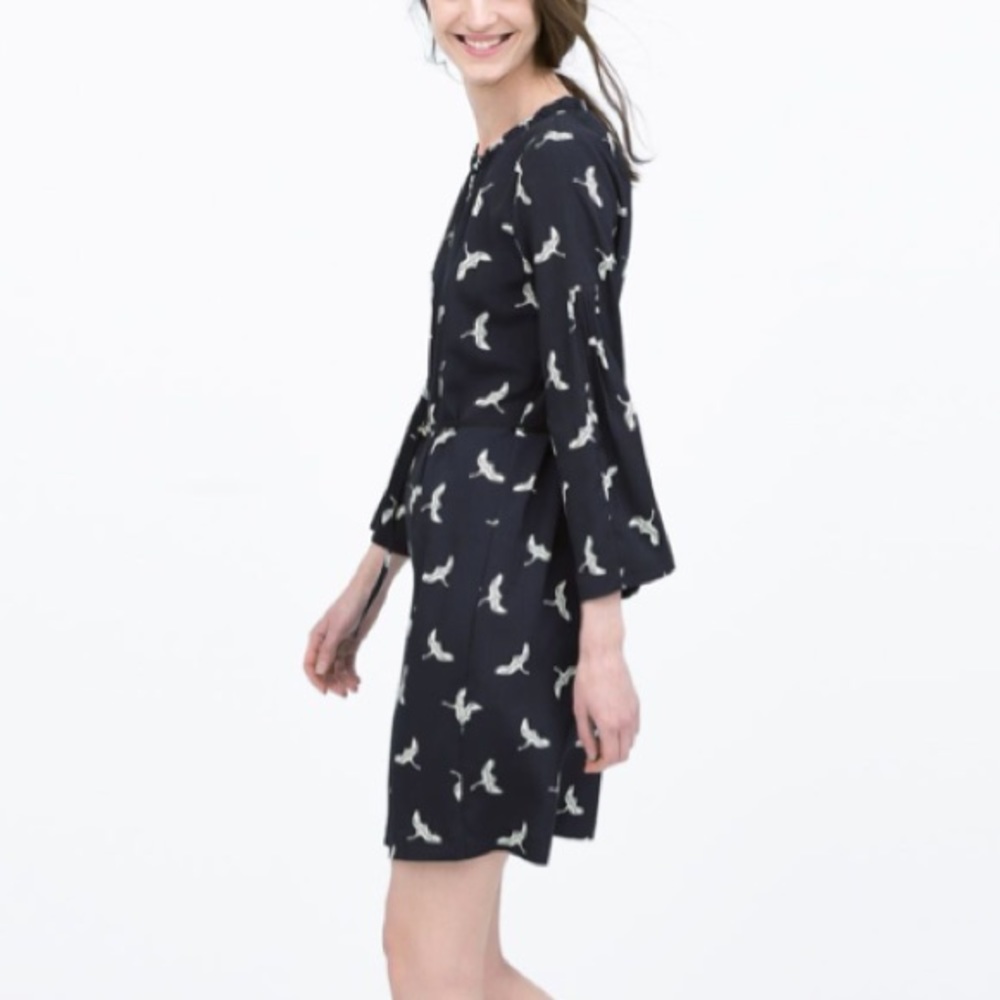 Zara Crane Bird Print Belted Dress Navy Flute Bell